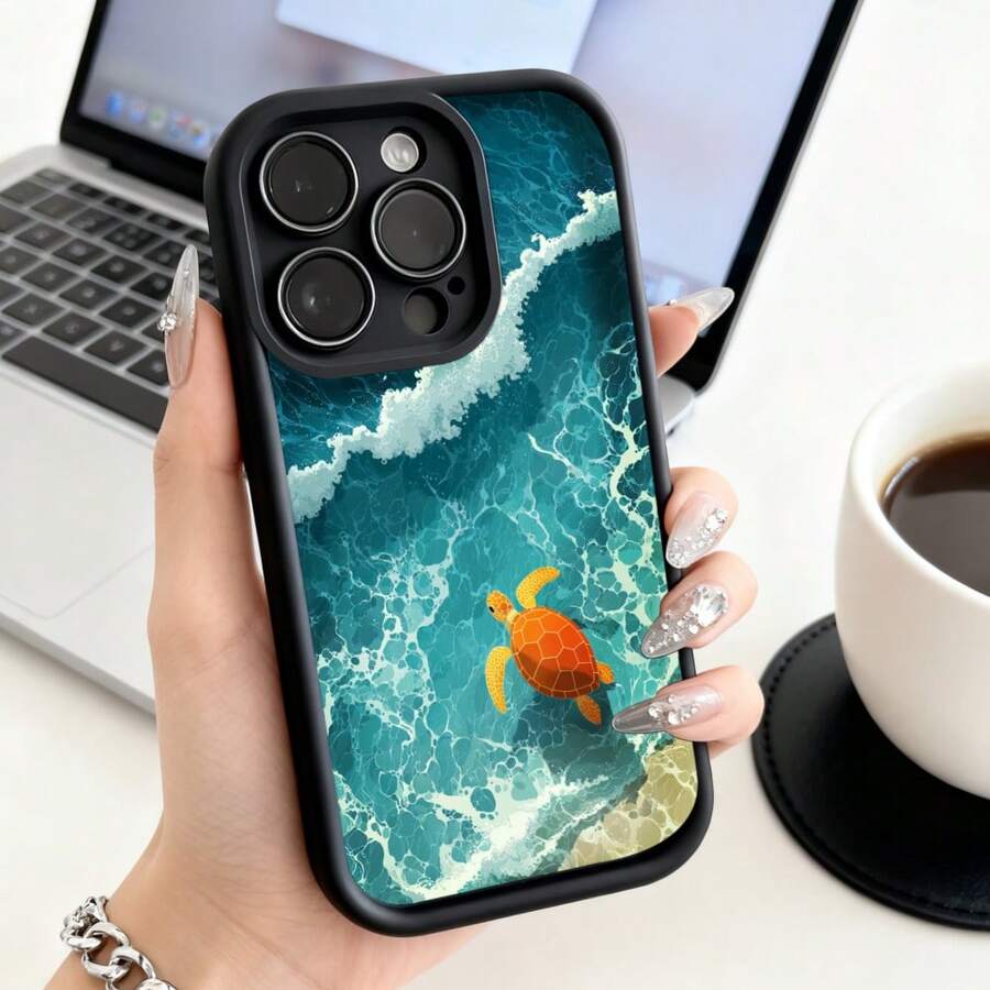 Cubierta de teléfono con borde negro diseño de tortuga marina en olas turquesa para uso diario y playa - Burdeos - Ver 1