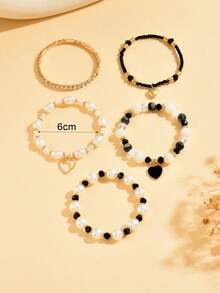 5pcs/Set Elegant Vintage Style ABS Faux Pearl Teardrop Heart Beaded Bracelet Set - Black - View 4