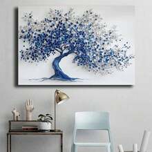 [2D Flat] 1Pc Framed Ready To Hang, Modern Abstract Colorful Tree Of Life Scenery Canvas Wall Art,  Retro Graffiti Tree Posters Painting Pictures Wrapped Framed Print, Blue & White 3D Textured Tree Canvas Wall Decor For Living Room, Bedroom, Modern Spaces, Art Collectors, Unique Style Home Decor - 藍色 - 查看 4