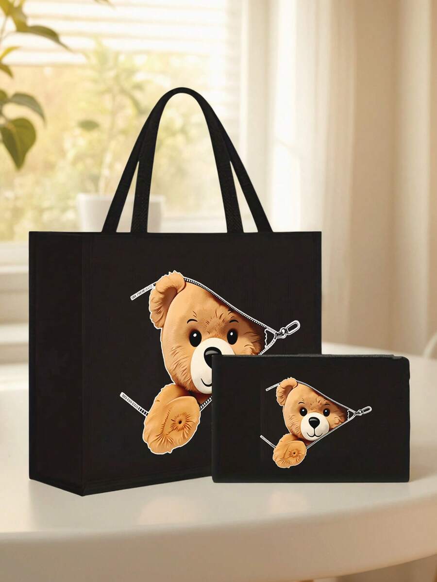 Cute Teddy Bear Zipper Tote Bag, Hand Bags, Purse, Large Capacity Foldable Handbag ,Teddy Tote Bag,Large Makeup Bag,Makeup Pouch, Simple Makeup Storage Bag With Zipper, Stationery Supplies Bag,With Ic Closure, Black & Brown Teddy Bear Print Design, Golden-Toned Zippers,Ideal Gift For Teachers, Friends ,Weddings, Birthdays, Women's Cosmetics Storage,Travel Essential ,Travel Essential Bag - Multicolor - View 1