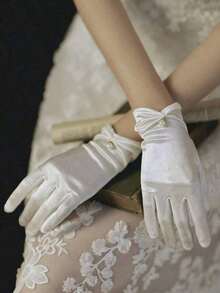 1pair White Short Satin & Faux Pearl Solid Color Gloves Suitable For Wedding, Party, Driving And Daily Use Autumn Accessories - trắng - Xem 4
