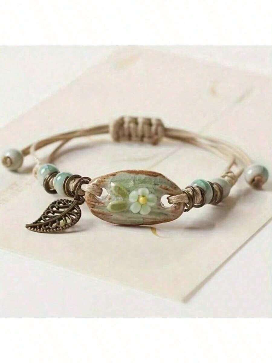 Delicate Ceramic Ornaments Clay Flower Bracelet With Adjustable Braided PU Leather Bracelet Valentines - 陶瓷可調式手鍊 - 查看 1