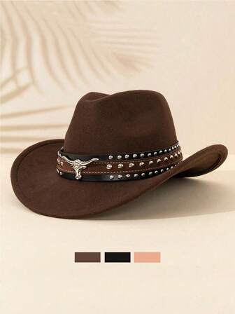 1顶经典卷边毡帽，男女通用时尚户外牛仔帽，带公牛标志