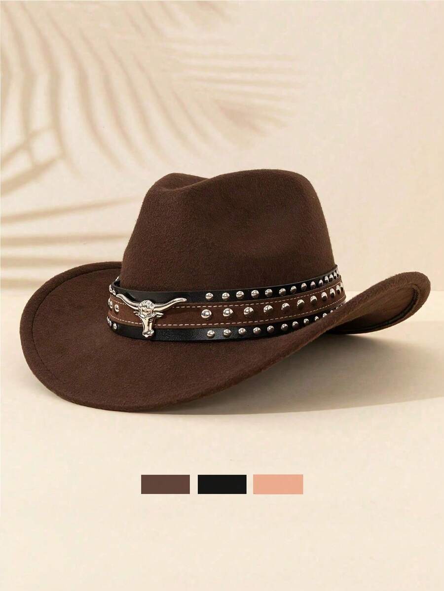 1 chiếc mũ nỉ vành cuộn cổ điển, mũ cao bồi ngoài trời thời trang dành cho cả nam và nữ có logo hình con bò đực - A - Xem 1