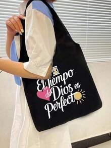 一套帆布单肩包+黑色收纳袋，印有心形、太阳图案和“Tiempo De Dios Perfect”白色文字，便携休闲收纳手提包，方便旅行收纳包，大容量旅行化妆包，手提包，旅行包，多功能购物袋，是购物、婚礼、生日、海滩、假期、返校、圣诞节、感恩节、新年礼物的理想之选。 - 彩色 - 查看 2