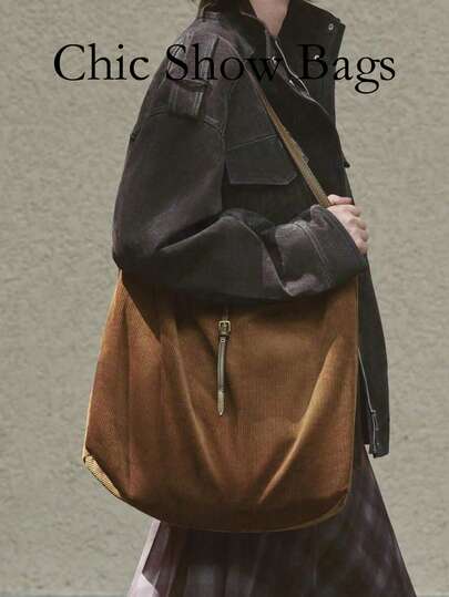 Corduroy Effect Shopping Bag, Casual Large-Capacity Handbag For Women, 2025 Autumn And Winter New Style Corduroy Tote Bag, Simple Tote Bag