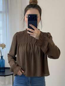 Hermiss blusa otoño invierno para mujer , Detalles plateado y goma  fruncida a talla única para una XS/S/M . entrega estimada 1-3dias laborable (península) - Café integral - Ver 1