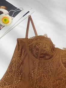 一件性感蕾丝拼接连体衣，修身剪裁，Y2K风格，适合派对、约会、感恩节、情人节、圣诞节、万圣节等节日以及夏季假期，优雅时尚。 - 棕色 - 查看 11