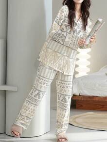 2pcs Women Ditsy Floral Long Sleeve Cardigan And Pants Pajama Set, Suitable For Spring, Autumn And Winter - Apricot - View 4