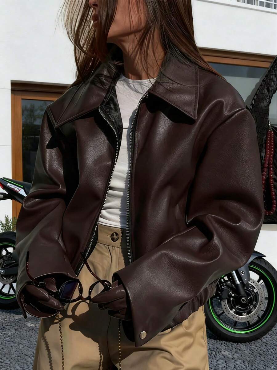 Black Edgy Biker Casual Loose Long Sleeve Leather Jacket For Women, Autumn/Winter Fall Cloth For Women - 棕色 - 查看 1