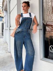 Women's Denim Bib Overalls Barrel Leg Jumpsuits With Adjustable Straps And Pockets - 藍色 - 查看 1