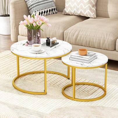 Round Coffee Table Modern Marble Effect Nesting Table Set Of 2 With Metal Frame For Living Room Balcony And Small Space