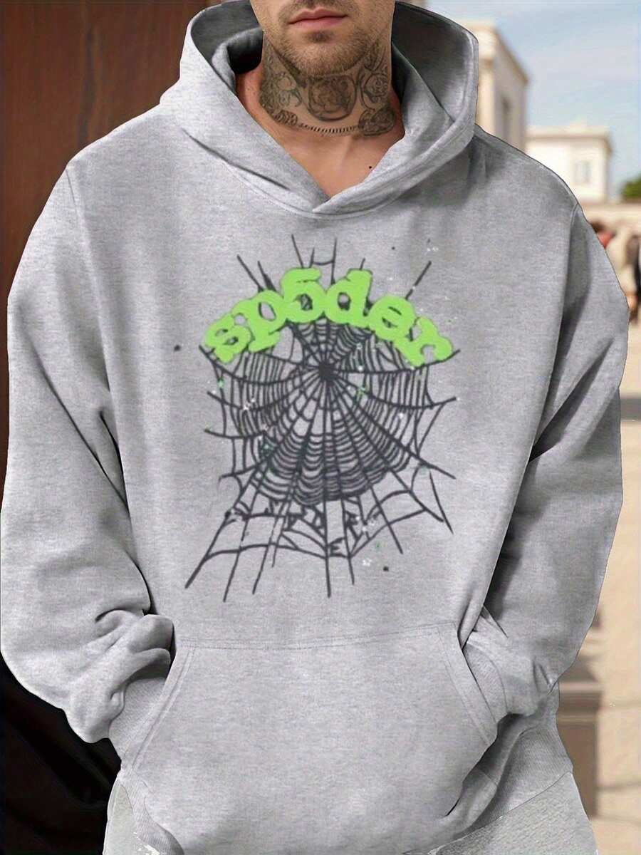 Spider Web Design Hoodie Gray Sweatshirt Men Women Casual Streetwear Halloween Costume Graphic Pullover Top - 深灰色 - 查看 1