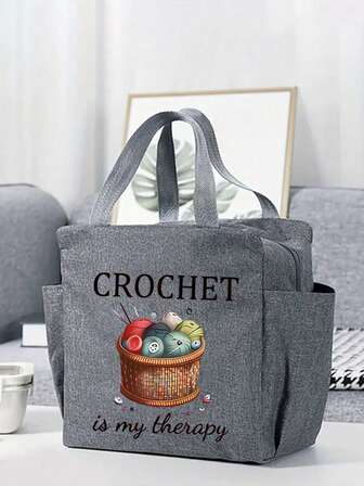 Letter Print Tote Bag, Knitting & Crochet Pattern Print Handbag, Lightweight & Minimalist, Suitable For Work, Travel, Outdoor Camping, Gift For Mom, Elders, Handcraft Enthusiasts