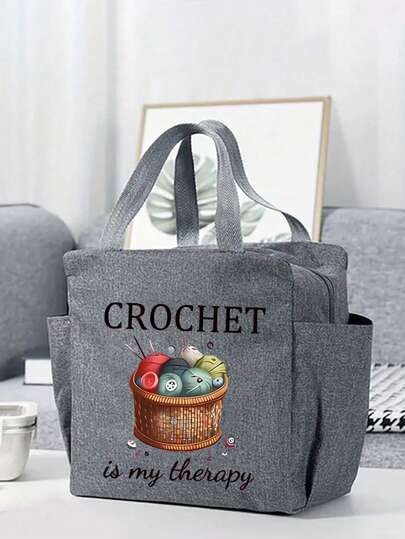 Letter Print Tote Bag, Knitting & Crochet Pattern Print Handbag, Lightweight & Minimalist, Suitable For Work, Travel, Outdoor Camping, Gift For Mom, Elders, Handcraft Enthusiasts