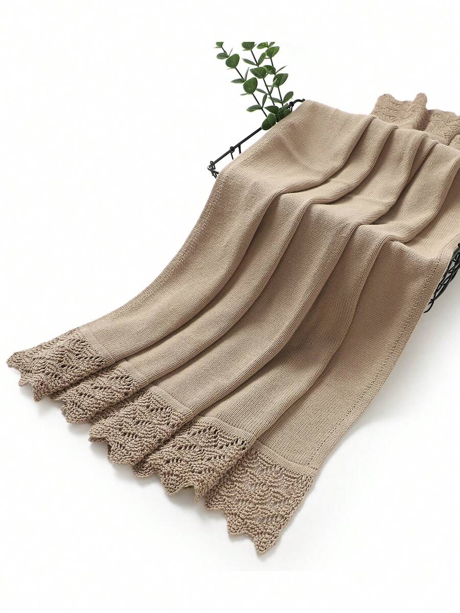 1pc Infant Knitted Solid Color Blanket With Delicate Lace Trim, Cozy Baby Blanket, Suitable For All Seasons - Camel - View 1