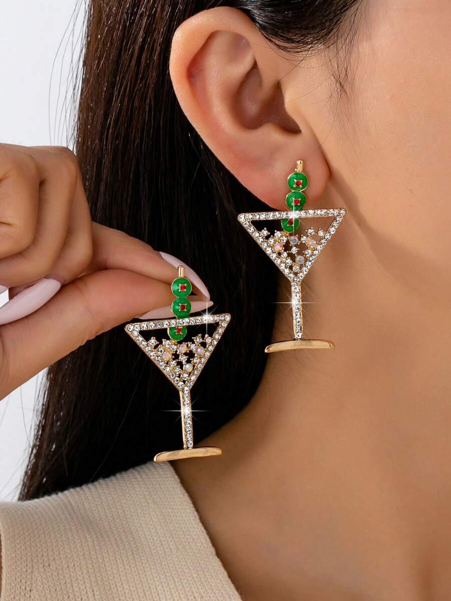 2pcs Personalized Rhinestone Champagne Glass & Cocktail Glass Earrings, Fashionable & Elegant, Suitable For Women's Daily Wear - Jewelry Set - View 1