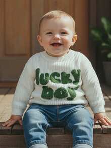 Suéter para bebé niño pequeño con letras trébol bordado jersey cálido cuello redondo manga larga tops de punto de primavera - Blanco - Ver 2