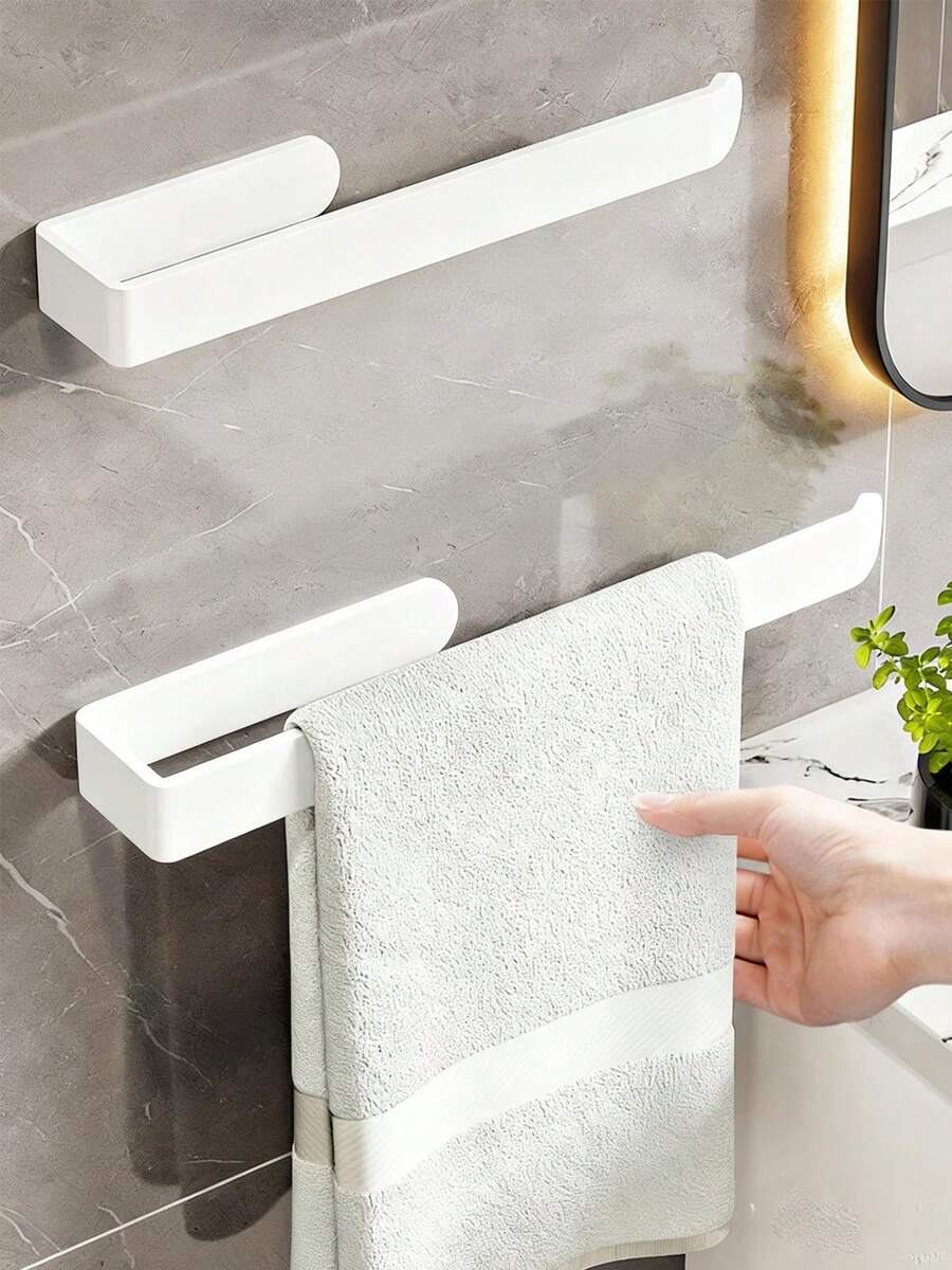 1 Pack No-Drill Adhesive Towel Rack Strong Sticky Aluminum Alloy Wall Mount Holder Towel Bar For Bathroom Kitchen Laundry Room Organizer - 白色 - 查看 1
