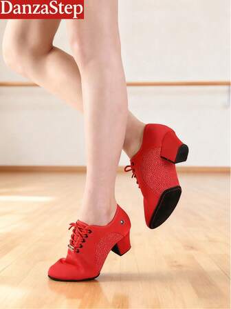 5 Cm Heel Ballroom Dance Shoes For Women Red Square Heel Indoor Dancing Shoes Ankle Strap Round Toe Dance Sneakers