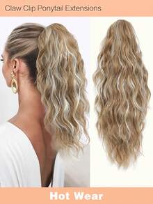 18" Ponytail Extension Claw Long Multi Layered Hair Fluffy Thick Water Wave Hair Jaw Clip In Fake Pony Tails Fake Hair Soft Natural Looking Synthetic Hairpiece For Women Rich Brown Blonde With Highlights Hair Extensions - 挑染金色 - 查看 1