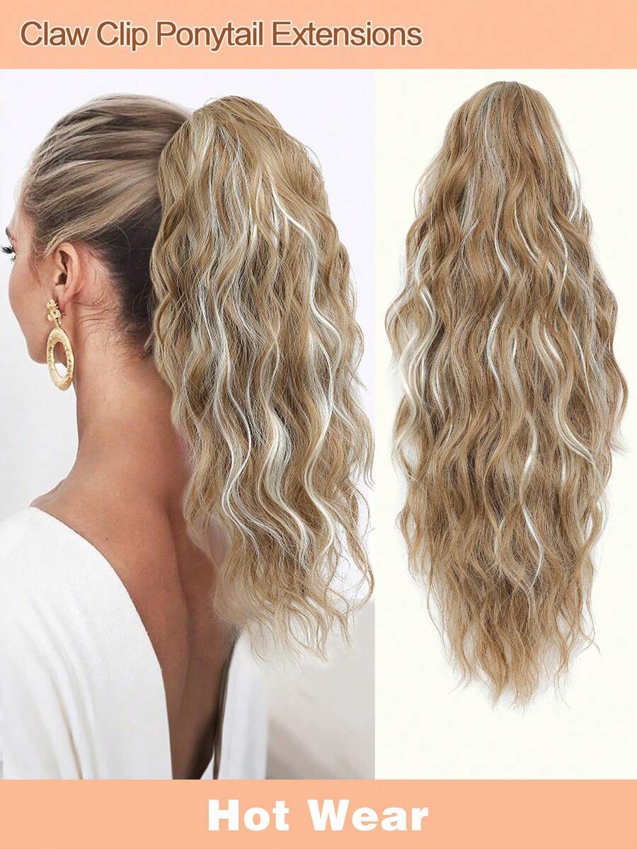 18" Ponytail Extension Claw Long Multi Layered Hair Fluffy Thick Water Wave Hair Jaw Clip In Fake Pony Tails Fake Hair Soft Natural Looking Synthetic Hairpiece For Women Rich Brown Blonde With Highlights Hair Extensions - 挑染金色 - 查看 1