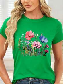 Colorful Floral Print T-Shirt For Casual Occasions And Spring - 綠色 - 查看 1