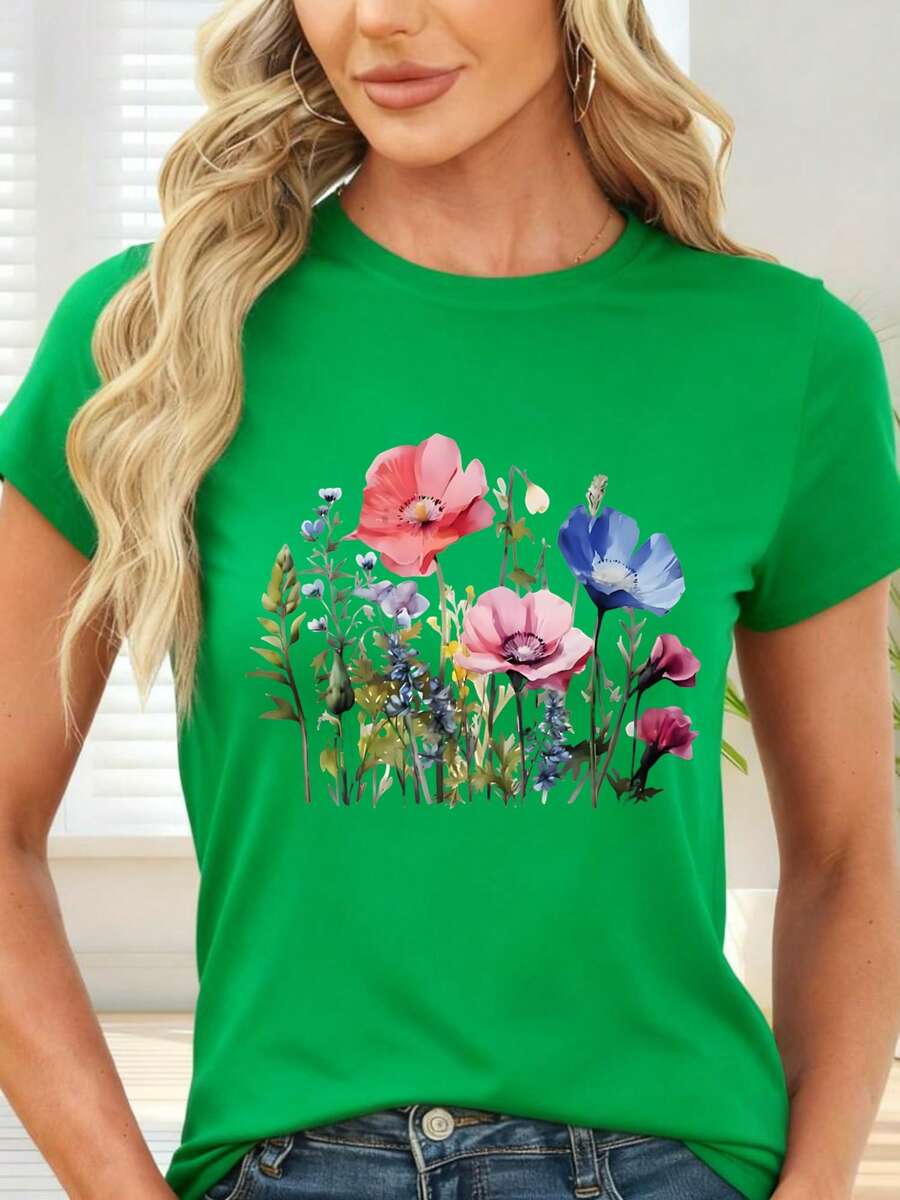 Colorful Floral Print T-Shirt For Casual Occasions And Spring - 綠色 - 查看 1