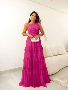 Lightweight And Flowing Fabric With A Perfect, Elegant Drape. Suitable For Parties, Asymmetrical Design, Ruffled Hem, And Layered Details. Perfect For A Wedding Or Beach Wedding. - 玫瑰紅 - 查看 1
