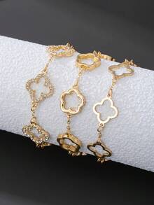 3er Set elegantes, Cut Out Kleeblatt-Armband mit Strass-Verzierung, klassisches und vielseitiges Armband-Set in Goldton für Frauen - Goldgelb - Übersicht 1