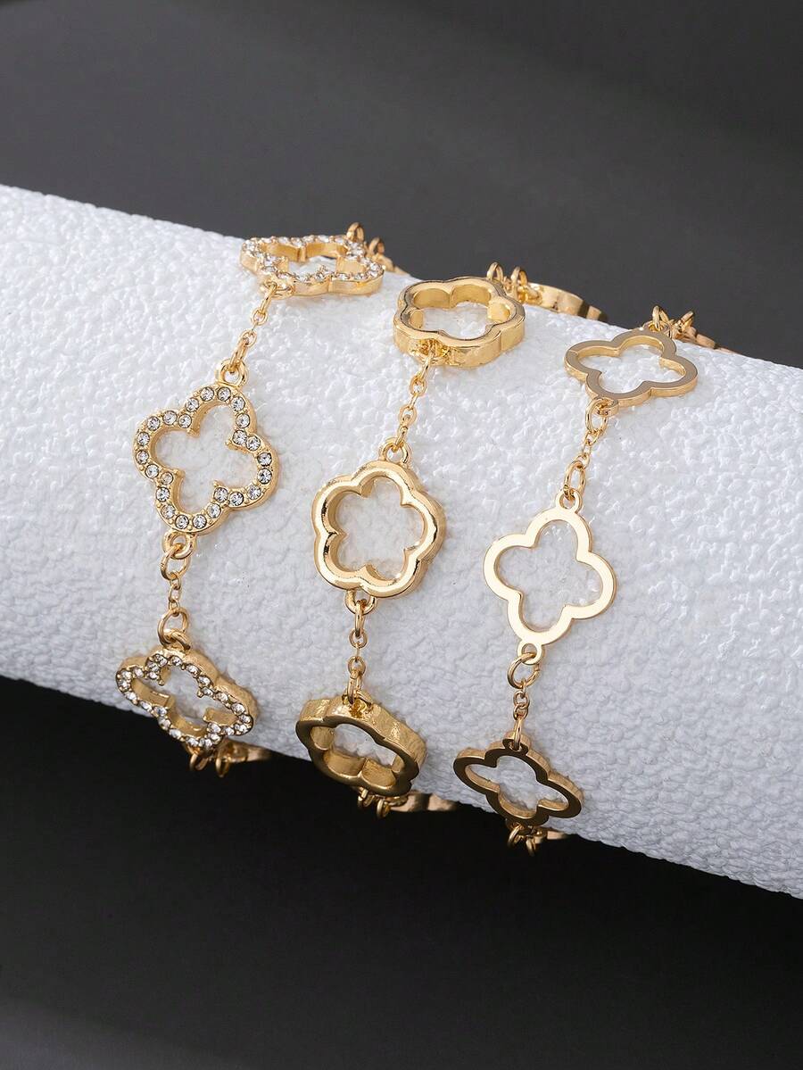 3er Set elegantes, Cut Out Kleeblatt-Armband mit Strass-Verzierung, klassisches und vielseitiges Armband-Set in Goldton für Frauen - Goldgelb - Übersicht 1