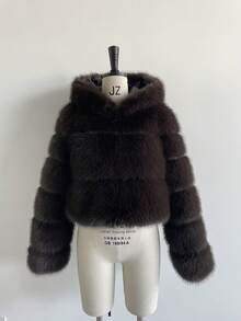 Elegant Women Brown Fashion Warm Faux Fur Hooded Regular Length Long Sleeve Regular Sleeve Coat For Winter Christmas And New Year - Coffee Brown - View 9