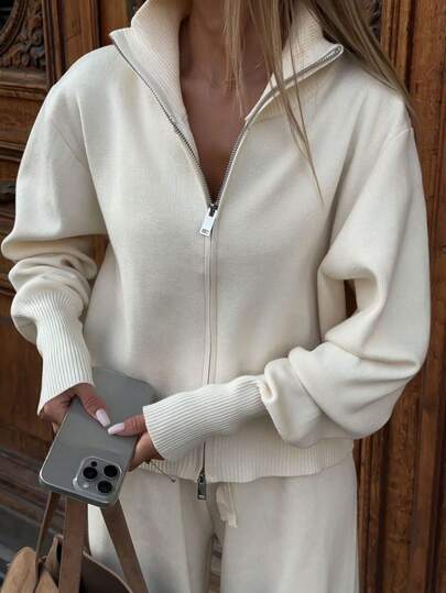 Women's Winter Sweater, Business Casual Wear, Commuting Fashionable Long Sleeve Zip-Up Knit Cardigan, Essential For Daily Outings
