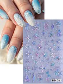 2PCS Winter Colorful Snowflakes 5D Embossed Nail Stickers With White Rhinestone Snow Flower Gradient Nail Decals DIY Decals Self-Adhesive Sliders Nail Art Decoration Manicure Supplies For Christmas New Year Nails - 彩色 - 查看 5