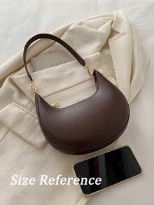 1pc Coffee Brown Crescent-Shaped PU Leather Shoulder Bag, Fashion Simple Solid Color Women Underarm Bag, Autumn/Winter - 棕色 - 查看 5