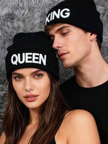 2pcs Unisex Black Knit Beanies With "Queen" And "King" Embroidery, Ear Protection, Street Style, Couple Outfit For Valentine's Day, Spring/Winter - Multicolor - View 9