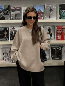 FOR BEAUTY Autumn/Winter Y2K Women's Solid Color Round Neck Long Sleeve Knit Pullover, Loose Fit Casual Fashion Commute Daily Wear Top - Light-flowered Apricot - View 4