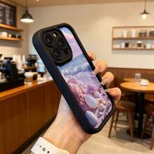 Cubierta de teléfono con borde negro diseño de playa rosa con conchas y cielo nublado para uso diario en cafeterías y viajes Aplicable a los teléfonos de la serie Apple y Galaxy - Café integral - Ver 6