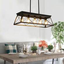 Farmhouse 5-Light Linear Pendant Lighting - Rustic Black Metal Rectangular Ceiling Lamp, Elegant Fixture For Dining Room, Kitchen Island & Entryway Decor - 黑色 - 查看 6