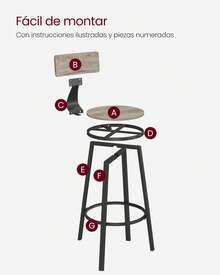 VASAGLE Taburete Alto Juego de 2 Taburetes Altos de Cocina con Respaldo Estructura de Acero Asiento de 73 cm de Altura Fácil Montaje Estilo Industrial Greige y Negro - Beis - Ver 10