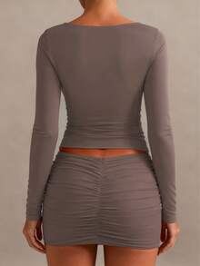 XLLAIS Áo nữ tay dài màu trơn, kiểu dáng thường ngày, cổ tròn gợi cảm, thích hợp cho mùa xuân/thu/đông. - Cà phê nâu - Xem 4