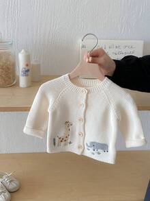 Spring And Autumn Baby Animal Embroidered Knitted Cardigans - Màu be - Xem 1