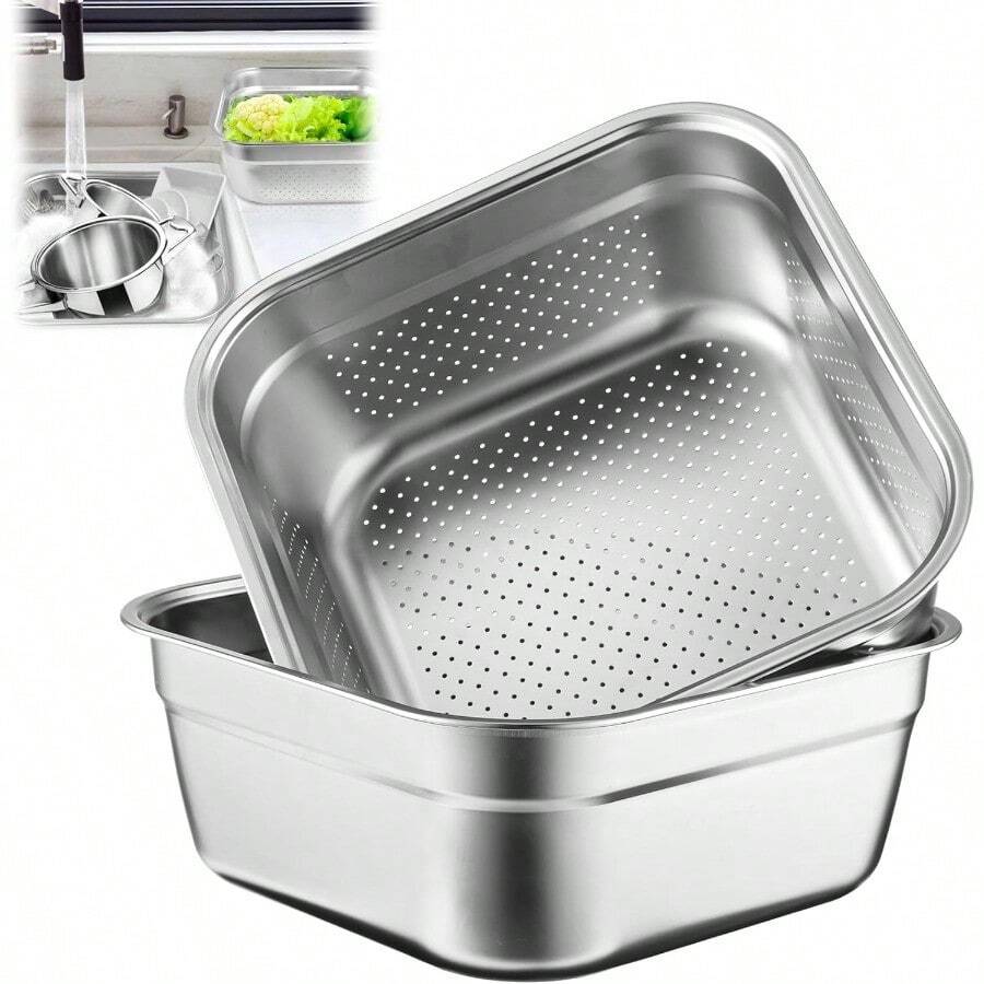 2-In-1 Stainless Steel Washing Up Bowl Set With Colander For Kitchen Use: Multi-Purpose Dish Tub For Washing Draining Rice Pasta Fruits Vegetables And Food Straining Ideal For Cooking And Meal Preparation - Bộ bát rửa chén 2 trong 1 129 inch - Xem 1