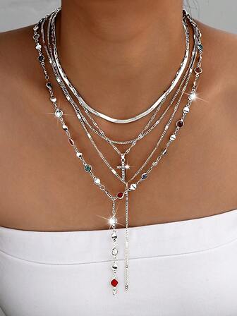 5pcs Vintage Metal Cross Pendant Y-Necklace, Bohemian Style Colorful Crystal Pendant Necklace Set, Suitable For Women's Daily, Vacation, Party, Dating, Holiday Gift For Friends