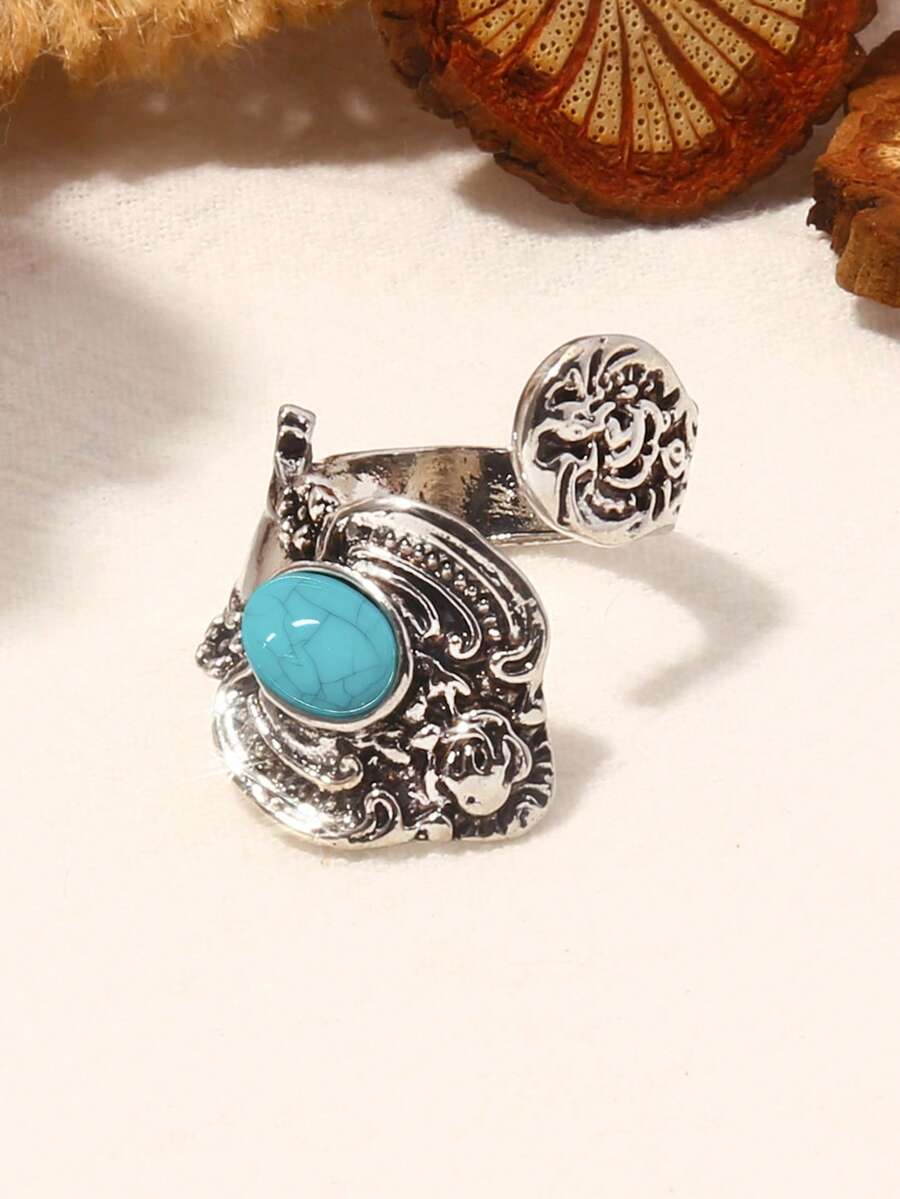 1pc High-Quality Vintage Style Alloy Wide Ring With Faux Sapphire Floral Pattern, Elegant Gift For Women, 2026 New Jewelry