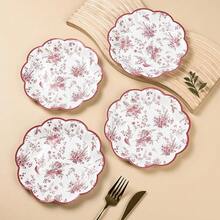 24Pcs Red Floral Party Plates Vintage Floral Leaf Disposable Paper Plate Wildflower Red Toile 7inch Scalloped Rim Dessert Plates For Christmas Birthday Bridal Tea Party Supplies,Red - 紅色的 - 查看 7