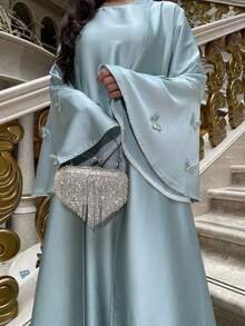 Trang phục Hồi giáo dành cho nữ, Áo Abaya tay bồng xòe, Áo Abaya thanh lịch cho các dịp đặc biệt, Áo Abaya lễ Eid, Áo Abaya ba mảnh với thắt lưng đính đá, Mùa xuân - Màu xanh bạc hà - Xem 5