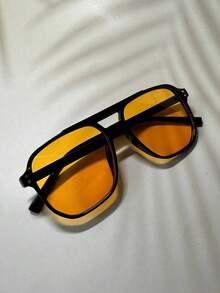 1pc Men's Double Beam Square Frame Fashion Glasses, Retro &, Lightweight, Black Frame With Light Blue And Orange Lenses, Suitable Travel, Vacation, Daily, Beach And Outdoor Activities Beach Accessories Glasses Shades Summer Beach Vacation,Outdoor,Travel - Burnt Orange - View 12