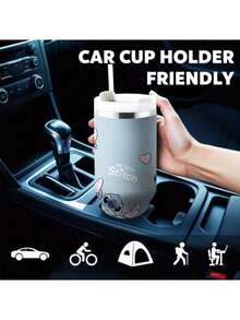 Stitch 30oz Stainless Steel Insulated Travel Mug With Lid & Straw - 304 , Car Cup Holder Compatible, Double-Wall Vacuum Insulation For Hot/Cold Drinks, Vibrant Stitch Design With Hearts & Beach Scene - Perfect For Travel, Home, Office, Gift For Fans, Travel Drinkware, Playful Design, Office Drinkware, Fun Drinkware, Construction, Reusable Tumbler, Office Workers - Multicolor - View 7