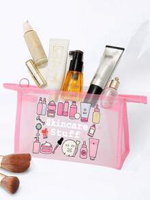 Mesh Cosmetic Bag With Face Mask Pattern And "Skincare" Text, Multi-Functional Makeup Bag For Storing Hair Clips, Headbands Etc., Red Cushion Portable Storage Pouch, Cosmetic Bag, Skincare Pouch - Multicolor - View 4